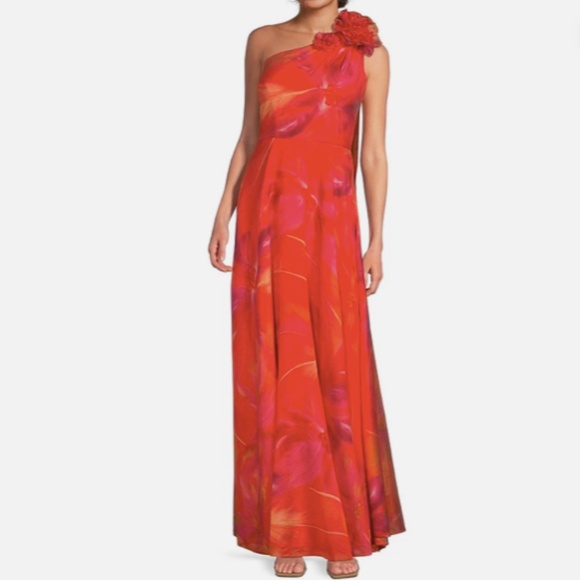 Muse Marchesa One Shoulder Hibiscus Orange Evening Gown Formal Dress - Picture 4 of 9